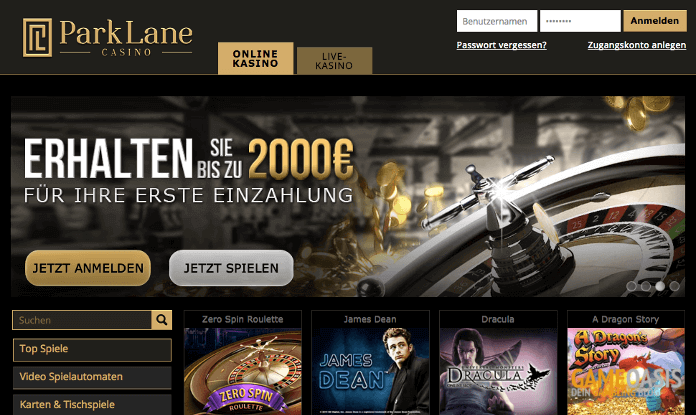 Startseite im Parklane Casino